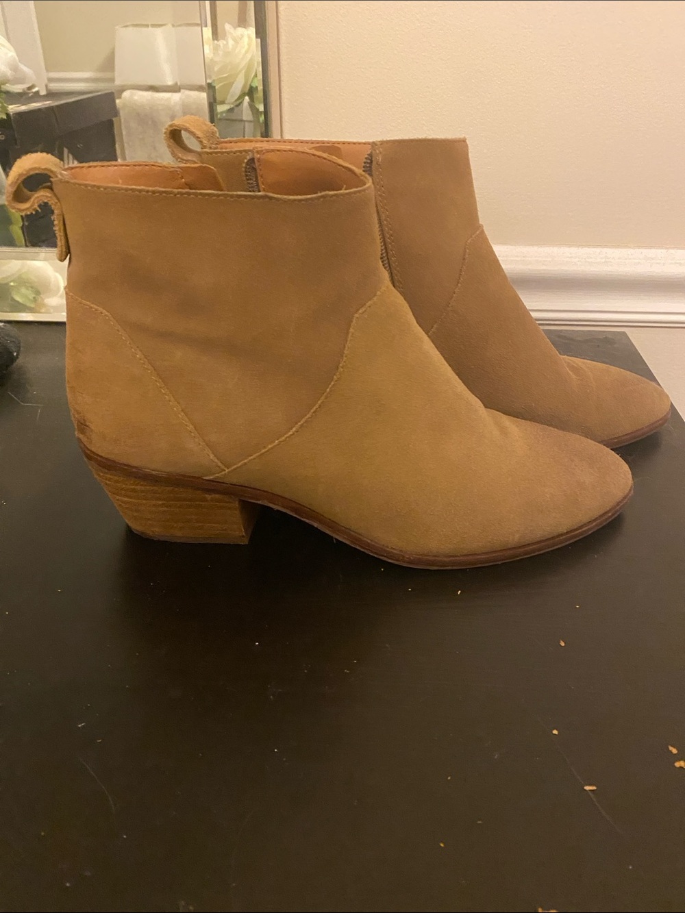 Sole Society Tan Suede Ankle Booties with Low Stacked Heel